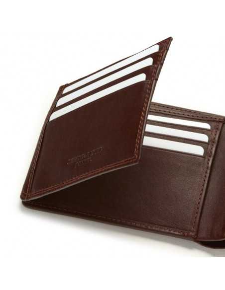 Brown leather bifold wallet with close-up detail of card slots on white background - MONPIEL