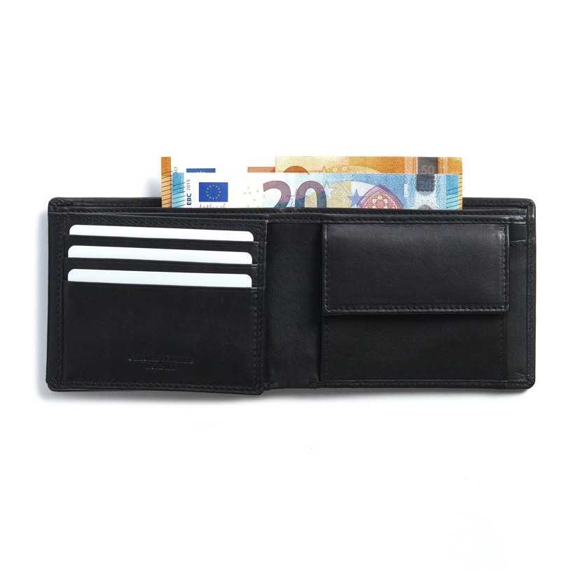 Black leather American-style wallet, open, with card slots and coin pocket details, on a white background - MONPIEL
