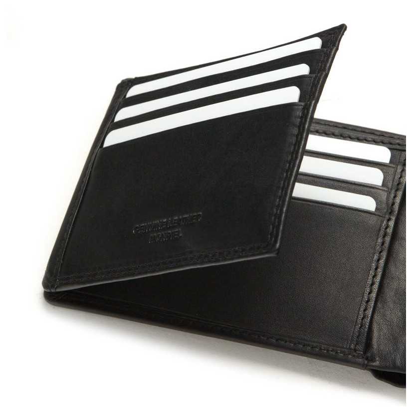 Black leather American-style wallet, close-up of card slots, on a white background - MONPIEL