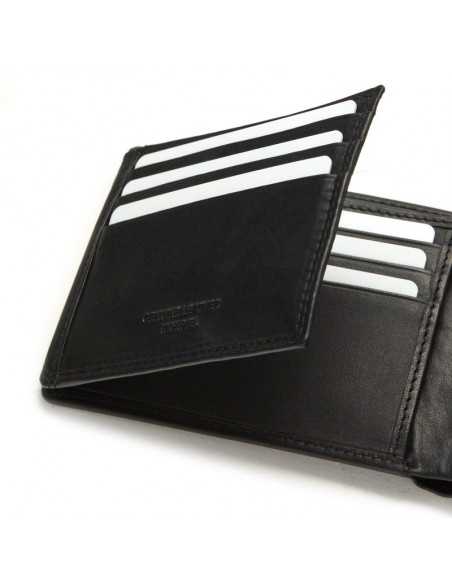 Black leather bifold wallet with close-up detail of card slots on white background - MONPIEL Black leather bifold wallet with close-up detail of card slots on white background - MONPIEL