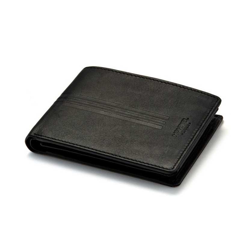 Black leather American-style wallet, perspective front view, on a white background - MONPIEL