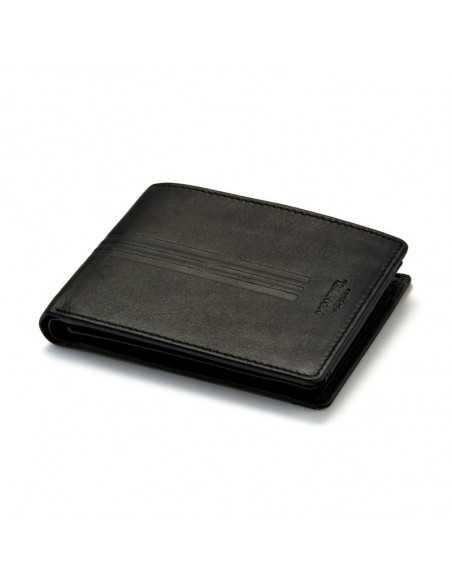 Black leather bifold wallet, front perspective view on white background - MONPIEL Black leather bifold wallet, front perspective view on white background - MONPIEL