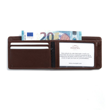 Small brown leather bifold wallet, front horizontal view on white background - MONPIEL 2