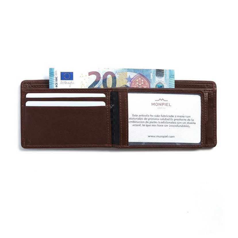 Small brown leather American-style wallet, open, on a white background - MONPIEL