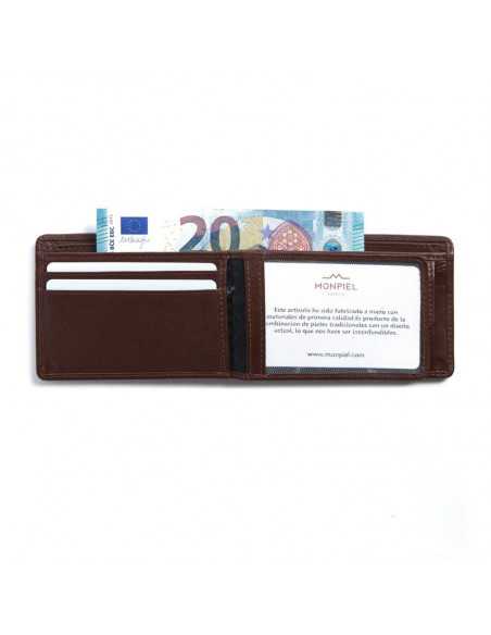 Small brown leather bifold wallet open on white background - MONPIEL
