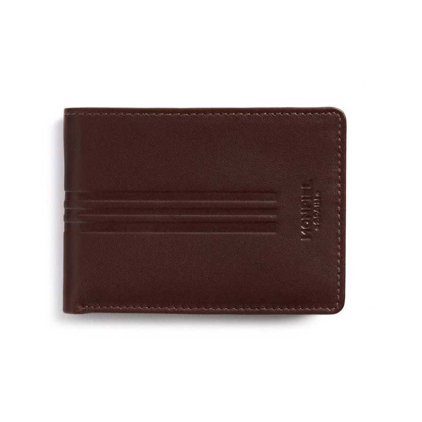 Small brown leather American-style wallet, horizontal front view, on a white background - MONPIEL