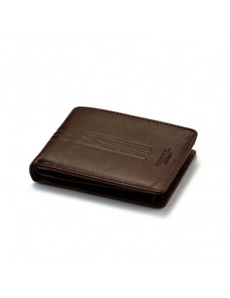 Small brown leather bifold wallet, perspective view on white background - MONPIEL
