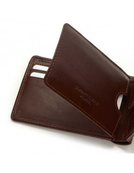 Small brown leather American-style wallet, close-up detail of cards, on a white background - MONPIEL