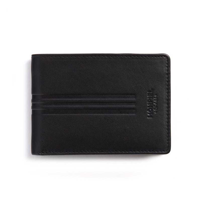 Petit portefeuille américain en cuir noir, vue de face sur fond blanc - MONPIEL