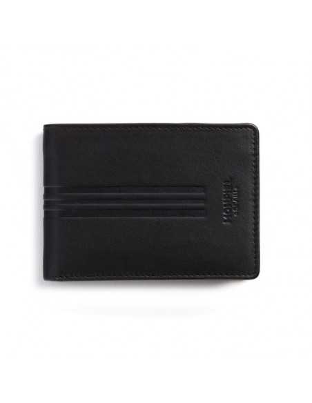 Small black leather bifold wallet, front view on white background - MONPIEL Small black leather bifold wallet, front view on white background - MONPIEL