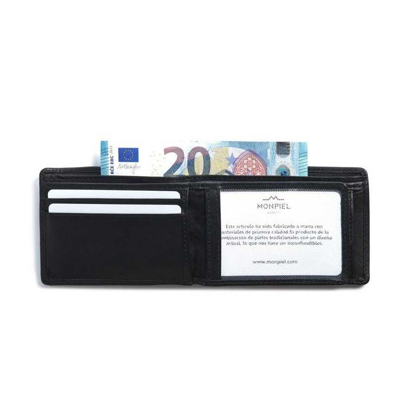 Petit portefeuille américain en cuir noir, ouvert avec détails pour cartes sur fond blanc - MONPIEL