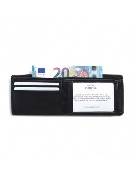 Small black leather bifold wallet, open with card slot details on white background - MONPIEL Small black leather bifold wallet, open with card slot details on white background - MONPIEL