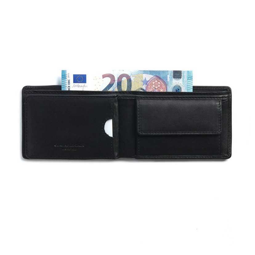 Petit portefeuille américain en cuir noir, ouvert avec détails pour cartes sur fond blanc - MONPIEL