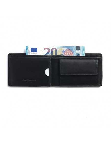 Small black leather bifold wallet, open with card slot details on white background - MONPIEL Small black leather bifold wallet, open with card slot details on white background - MONPIEL