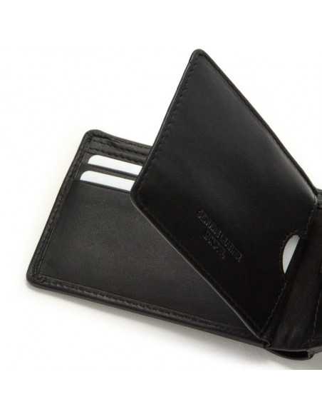 Small black leather bifold wallet with close-up view of card slot detail on white background - MONPIEL Small black leather bifold wallet with close-up view of card slot detail on white background - MONPIEL