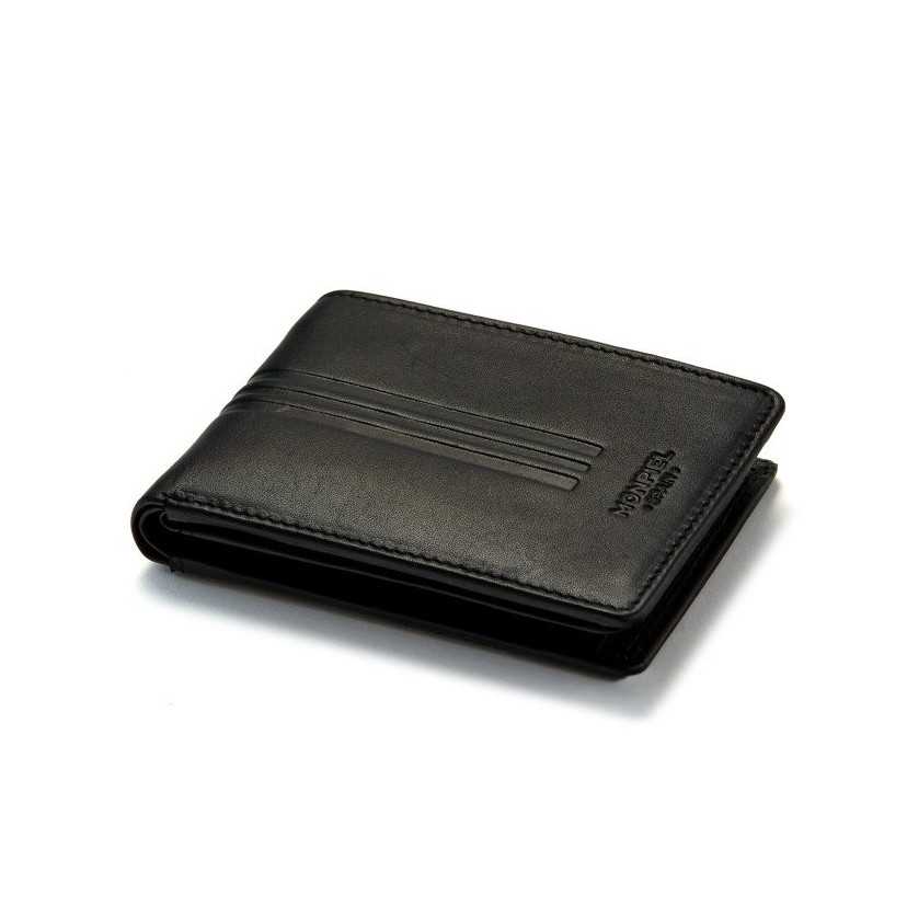 Small black leather American-style wallet, perspective view, on a white background - MONPIEL