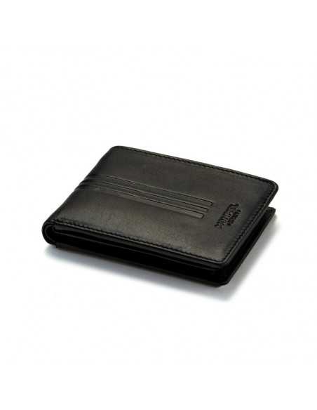 Small black leather bifold wallet, perspective view on white background - MONPIEL Small black leather bifold wallet, perspective view on white background - MONPIEL