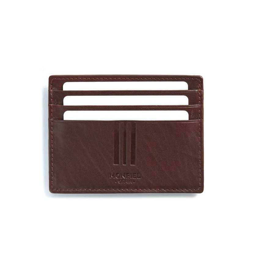 Brown leather cardholder with coin pocket, front view, on a white background - MONPIEL