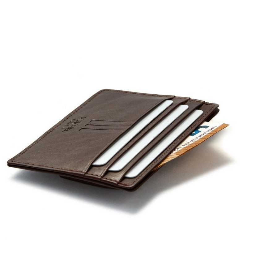 Brown leather cardholder with coin pocket, perspective view, on a white background - MONPIEL