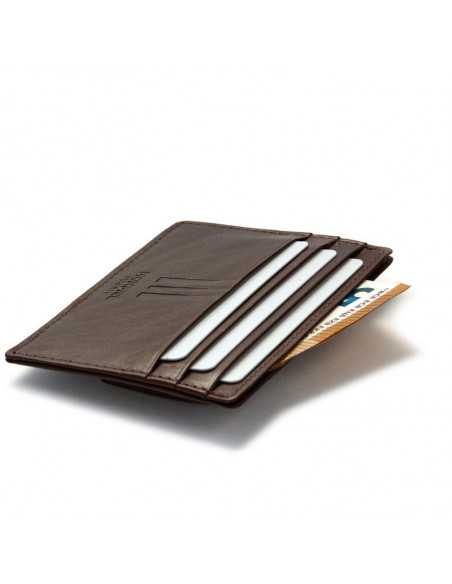 Brown leather cardholder with coin pocket, perspective view on white background - MONPIEL