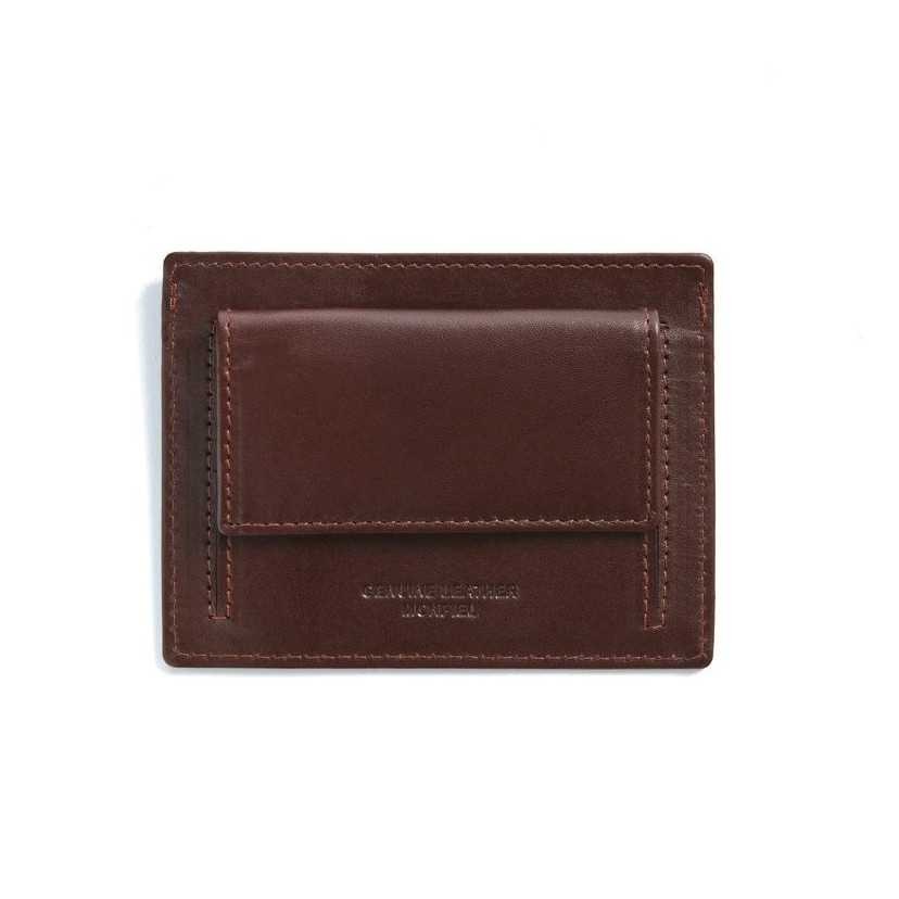 Brown leather cardholder with coin pocket, rear view, on a white background - MONPIEL