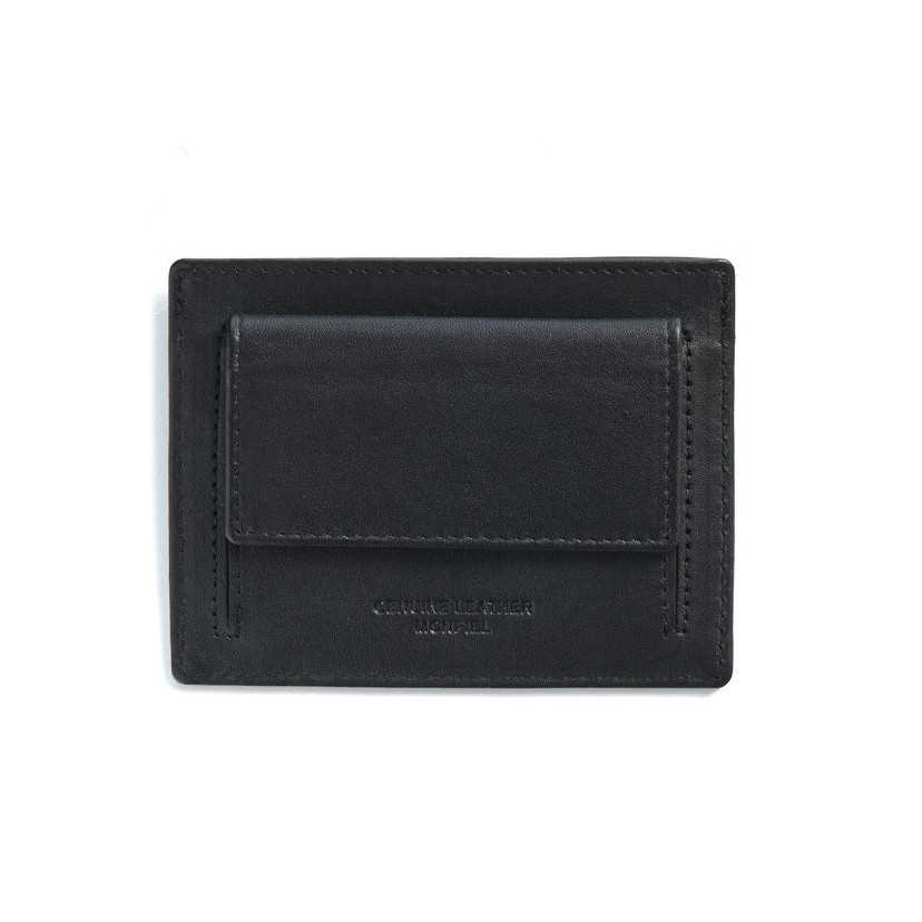 Black leather cardholder with coin pocket, rear view, on a white background - MONPIEL