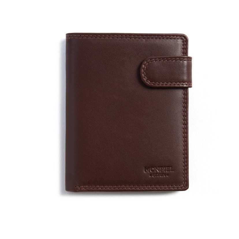 Brown leather wallet with double stitching, front view, on a white background - MONPIEL