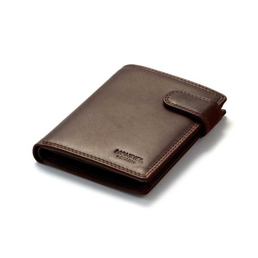 Brown leather wallet with double stitching, perspective view, on a white background - MONPIEL