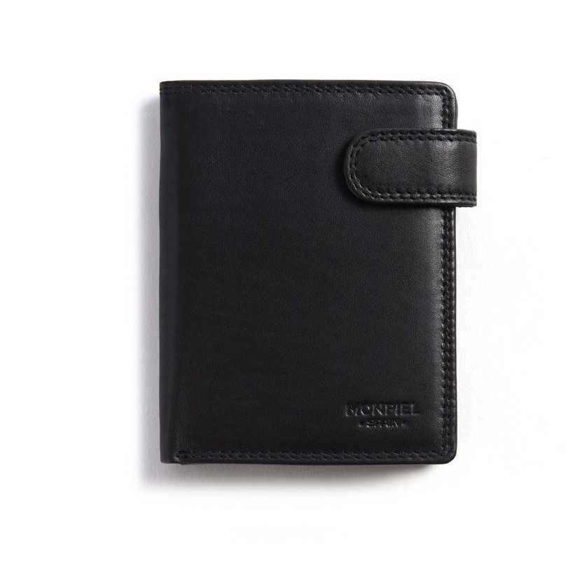 Black leather wallet with double stitching, front view, on a white background - MONPIEL