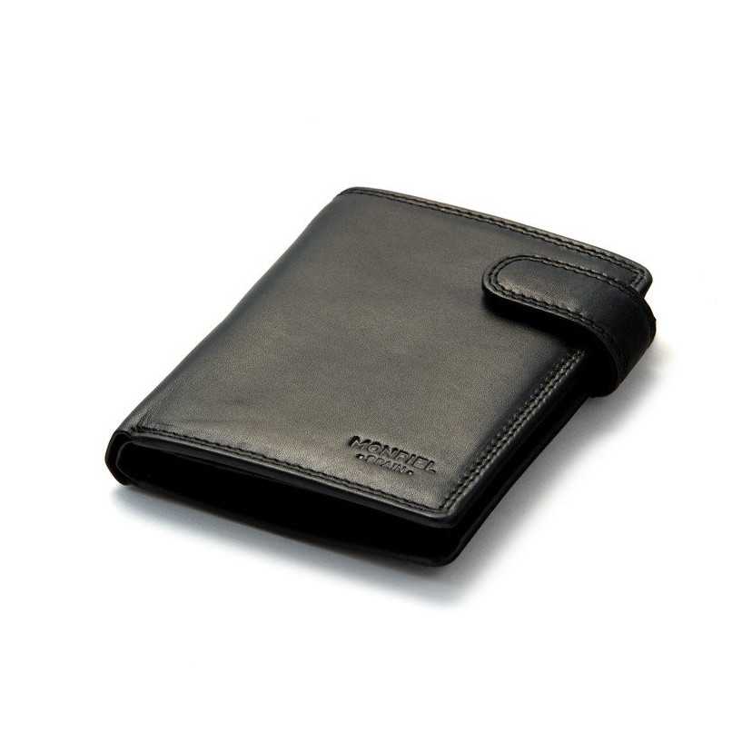 Black leather wallet with double stitching, perspective view, on a white background - MONPIEL