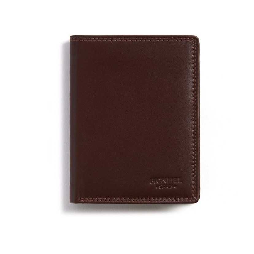 Brown leather wallet with double stitching, front view, on a white background - MONPIEL