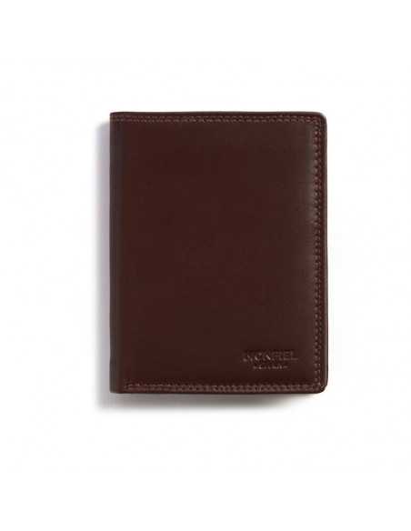 Brown leather wallet with double stitching, front view on white background - MONPIEL Brown leather wallet with double stitching, front view on white background - MONPIEL