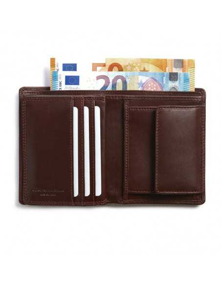 Brown leather wallet with double stitching, open with details for card slots, bills, and coin pocket on white backgrou - MONPIEL Brown leather wallet with double stitching, open with details for card slots, bills, and coin pocket on white backgrou - MONPIEL