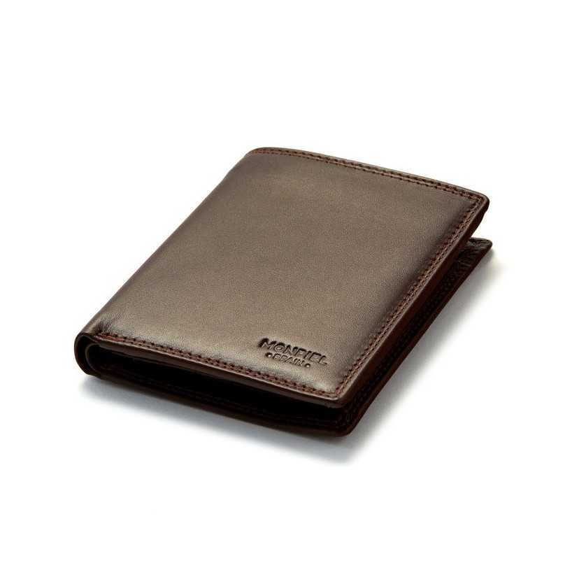 Brown leather wallet with double stitching, perspective view, on a white background - MONPIEL