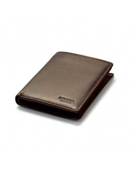 Brown leather wallet with double stitching, perspective view on white background - MONPIEL Brown leather wallet with double stitching, perspective view on white background - MONPIEL