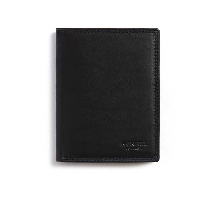 Black leather wallet with double stitching, front view, on a white background - MONPIEL