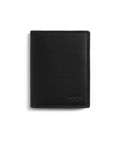 Black leather wallet with double stitching, front view, on a white background - MONPIEL Black leather wallet with double stitching, front view, on a white background - MONPIEL