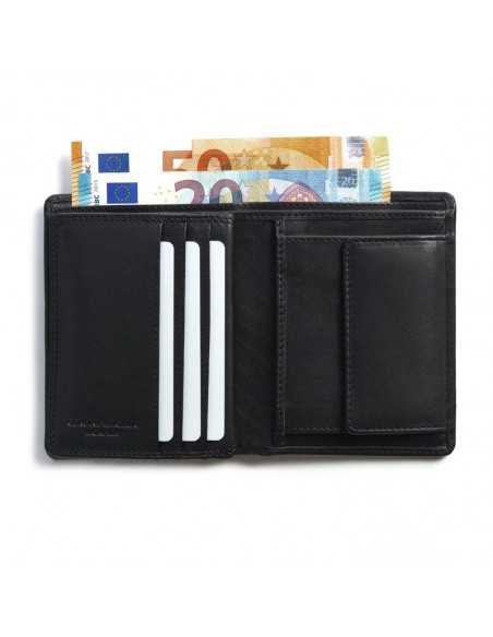 Black leather wallet with double stitching, open, showing card slots, bill compartments, and a coin pocket, on a white - MONPIEL Black leather wallet with double stitching, open, showing card slots, bill compartments, and a coin pocket, on a white - MONPIEL
