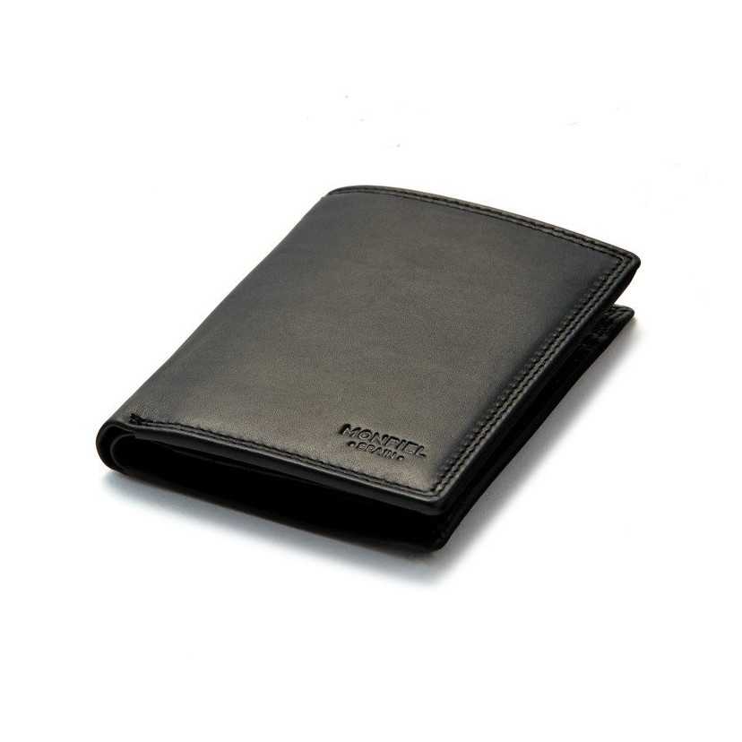 Black leather wallet with double stitching, perspective view, on a white background - MONPIEL