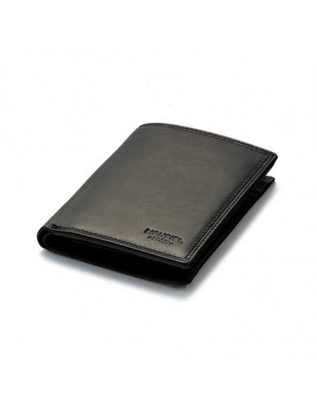 Black leather wallet with double stitching, perspective view, on a white background - MONPIEL Black leather wallet with double stitching, perspective view, on a white background - MONPIEL