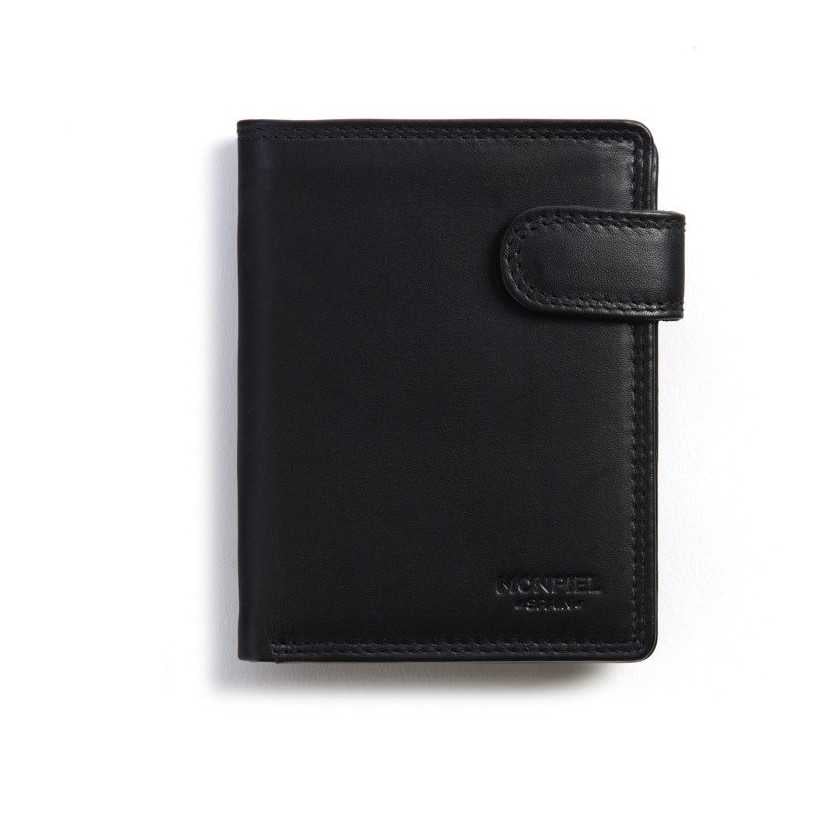 Leather wallet with exterior coin purse and Sky Black clasp Front - MONPIEL