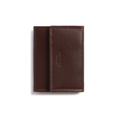 Petit portefeuille en cuir noir avec double couture et porte-monnaie, vue de face sur fond blanc - MONPIEL 2