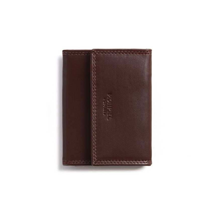 Small brown leather wallet with double stitching and coin pocket, front view, on a white background - MONPIEL