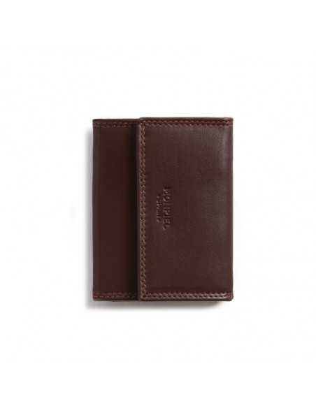 Brown small leather wallet with double stitching and coin pocket, front view on white background - MONPIEL