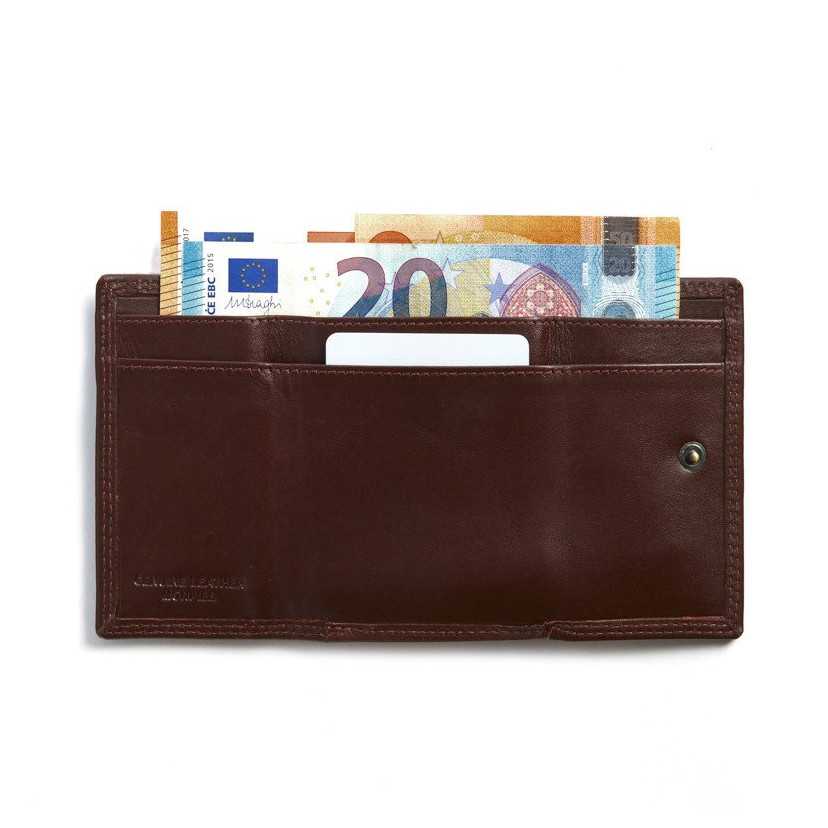 Small brown leather wallet with double stitching and coin pocket, rear view, open, on a white background - MONPIEL