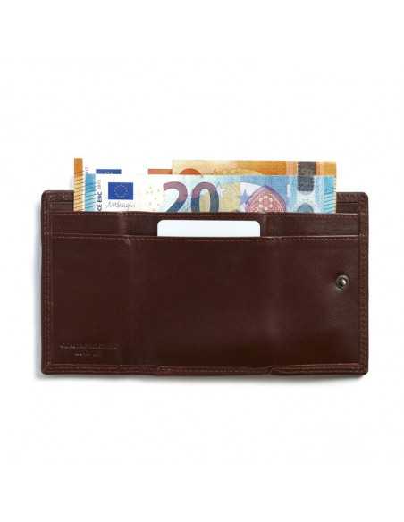 Brown small leather wallet with double stitching and coin pocket, rear view open on white background - MONPIEL