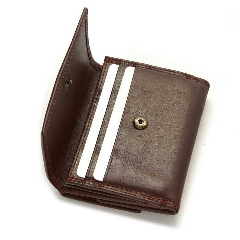 Small brown leather wallet with double stitching and coin pocket, button detail open, on a white background - MONPIEL