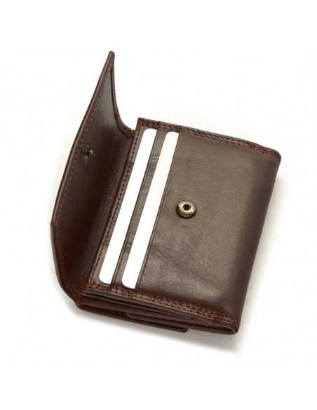 Brown small leather wallet with double stitching and coin pocket, open button detail on white background - MONPIEL