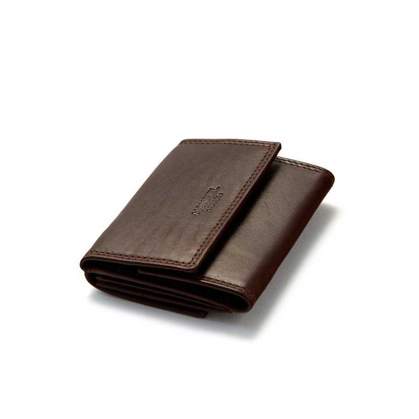 Small brown leather wallet with double stitching and coin pocket, perspective view, on a white background - MONPIEL