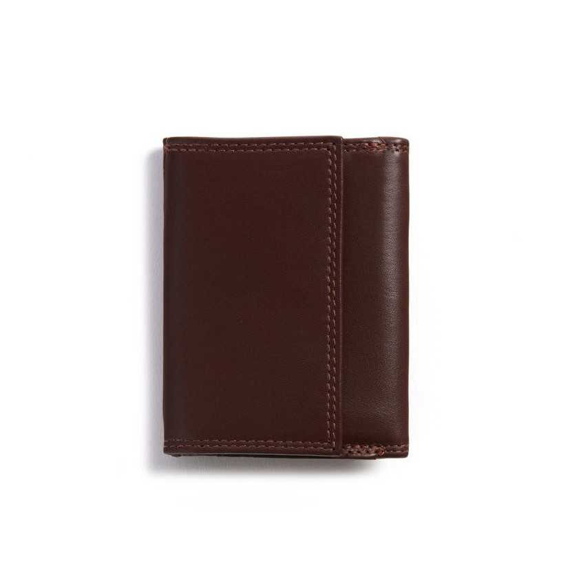 Small brown leather wallet with double stitching and coin pocket, rear view, on a white background - MONPIEL